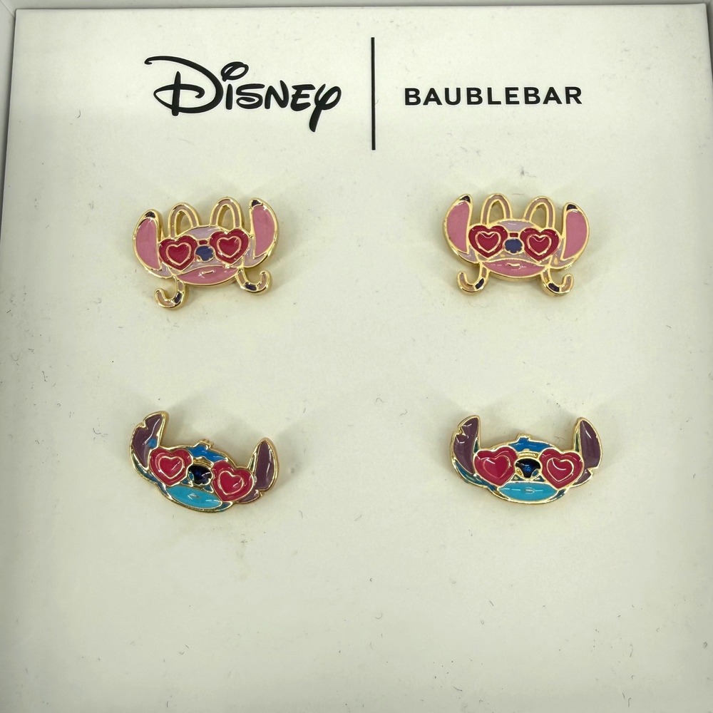 Disney BaubleBar Stitch Angel Heart Eye Stud Earring Set Gold Tone Enamel 2 Pair - Picture 2 of 4